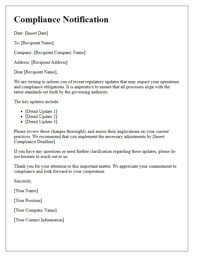 Letter template of compliance notification for regulatory updates