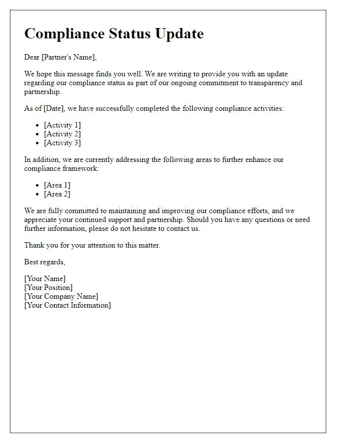 Letter template of compliance status update to partners