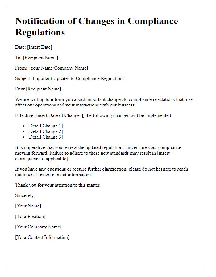 Letter template of notification for changes in compliance regulations