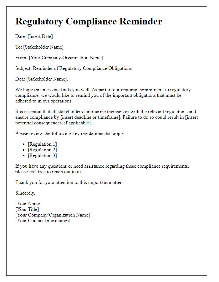 Letter template of regulatory compliance reminder for stakeholders