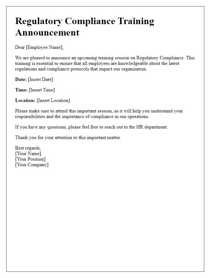 Letter template of regulatory compliance training announcement