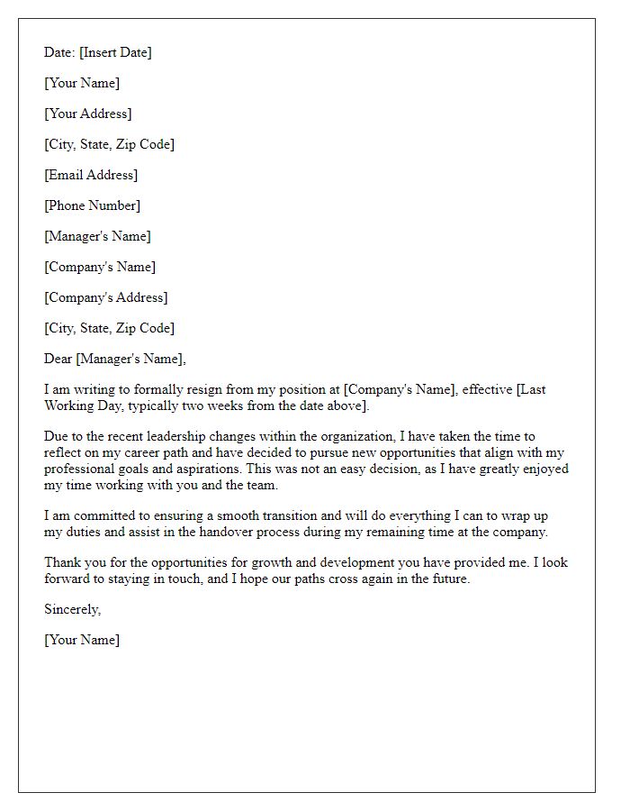 Letter template of resignation following leadership changes