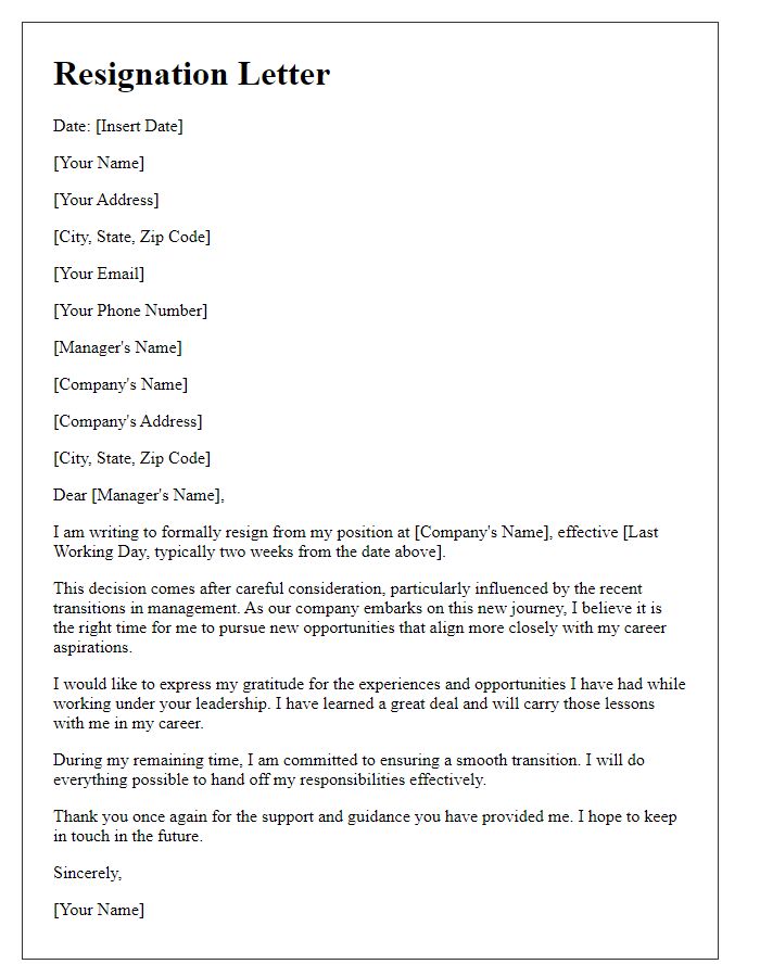 Letter template of resignation influenced by management transitions