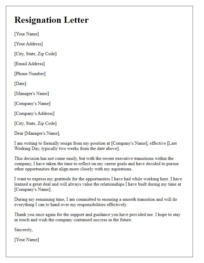 Letter template of resignation motivated by executive transitions