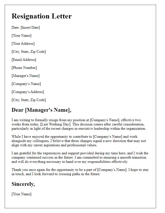 Letter template of resignation prompted by changes in executive leadership