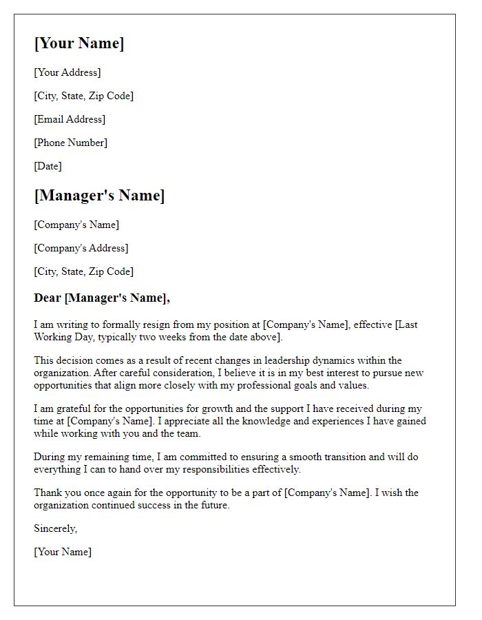 Letter template of resignation resulting from new leadership dynamics