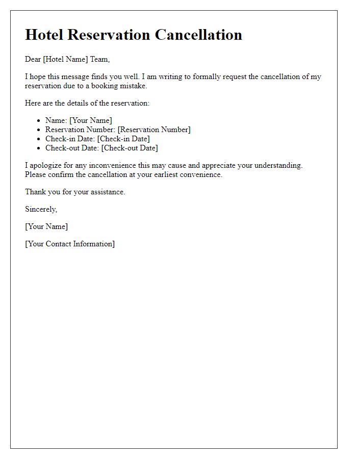 Letter template of hotel reservation cancellation for a booking mistake