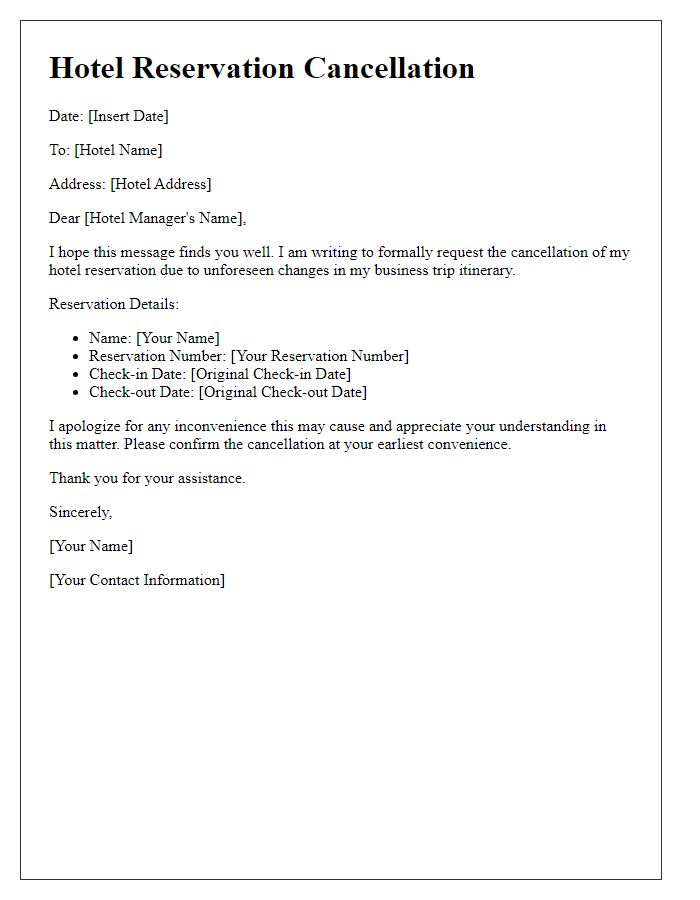 Letter template of hotel reservation cancellation for a business trip change