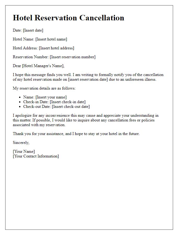 Letter template of hotel reservation cancellation due to illness