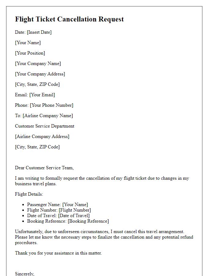 Letter template of flight ticket cancellation for business travel changes