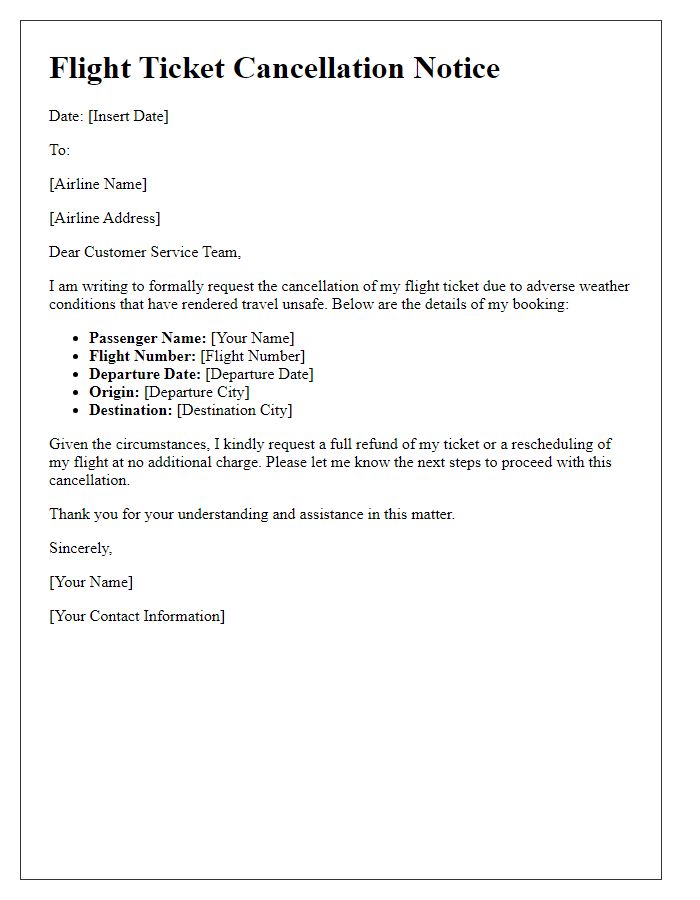 Letter template of flight ticket cancellation due to weather conditions