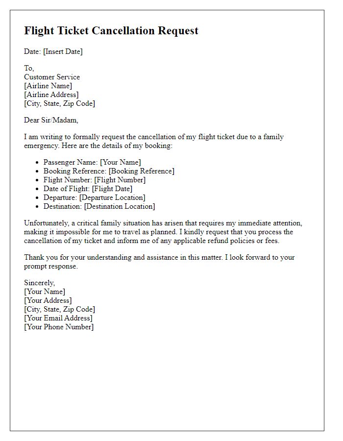 Letter template of flight ticket cancellation for family emergencies