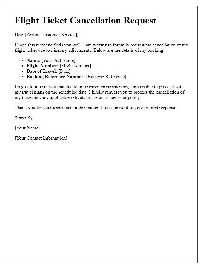 Letter template of flight ticket cancellation for itinerary adjustments