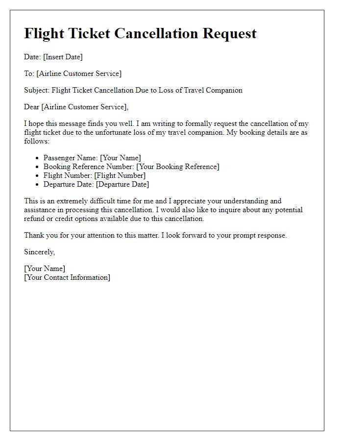 Letter template of flight ticket cancellation for loss of a travel companion