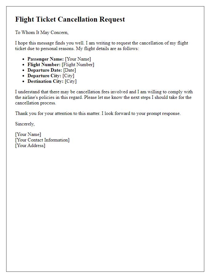 Letter template of flight ticket cancellation request for personal reasons