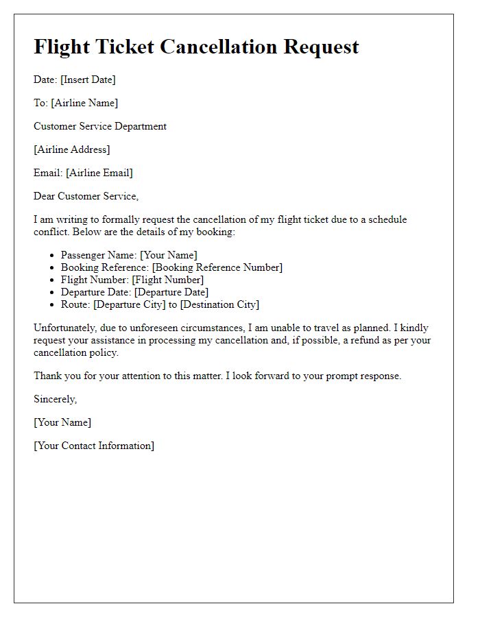 Letter template of flight ticket cancellation for schedule conflicts