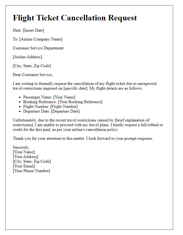 Letter template of flight ticket cancellation for unexpected travel restrictions