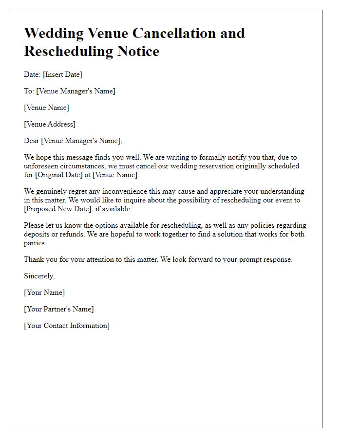 Letter template of wedding venue cancellation and rescheduling