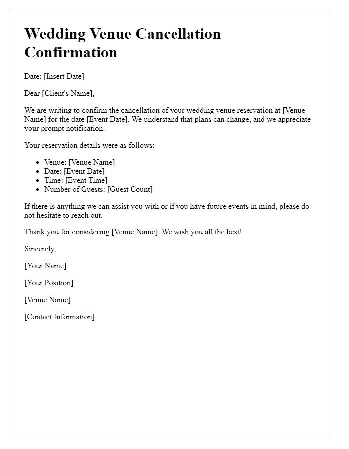 Letter template of wedding venue cancellation confirmation