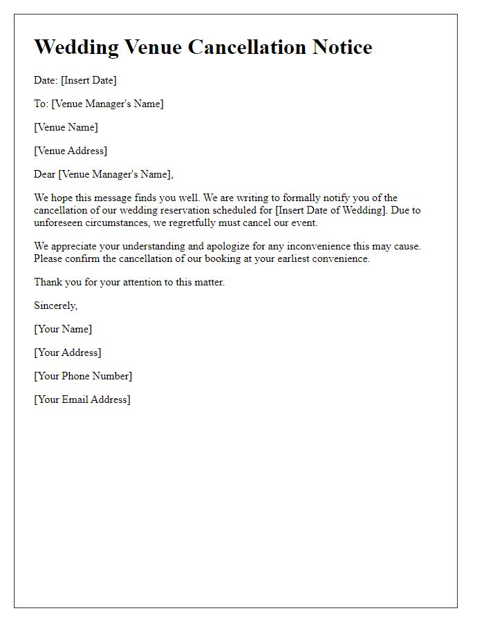 Letter template of wedding venue cancellation notice