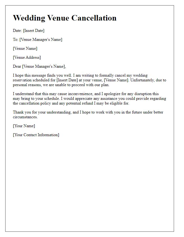 Letter template of wedding venue cancellation for personal reasons