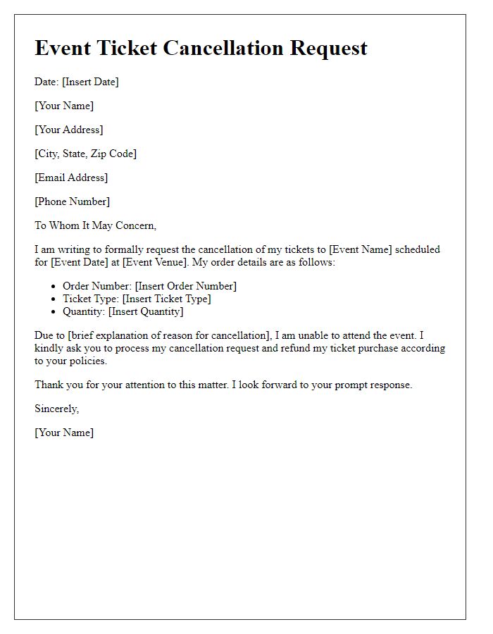 Letter template of Event Ticket Cancellation Request