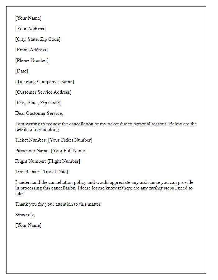 Letter template of Ticket Cancellation for Personal Reasons