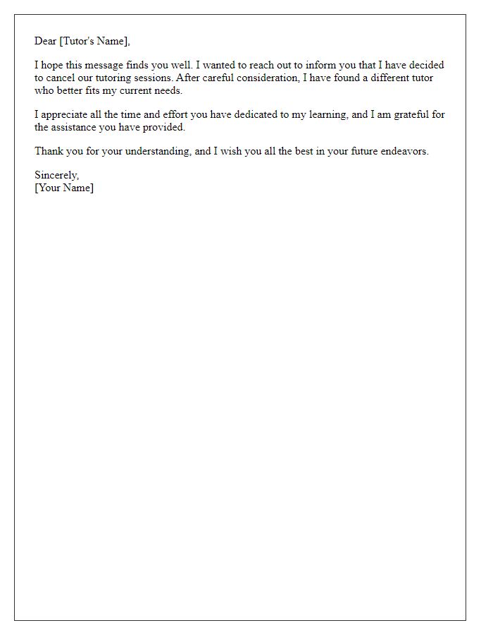 Letter template of tutoring service cancellation after finding a different tutor.