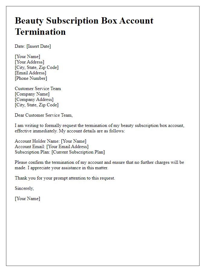 Letter template of beauty subscription box user account termination