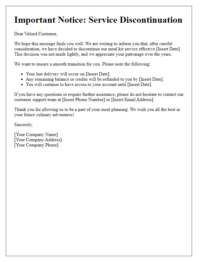 Letter template of meal kit service discontinuation notice.