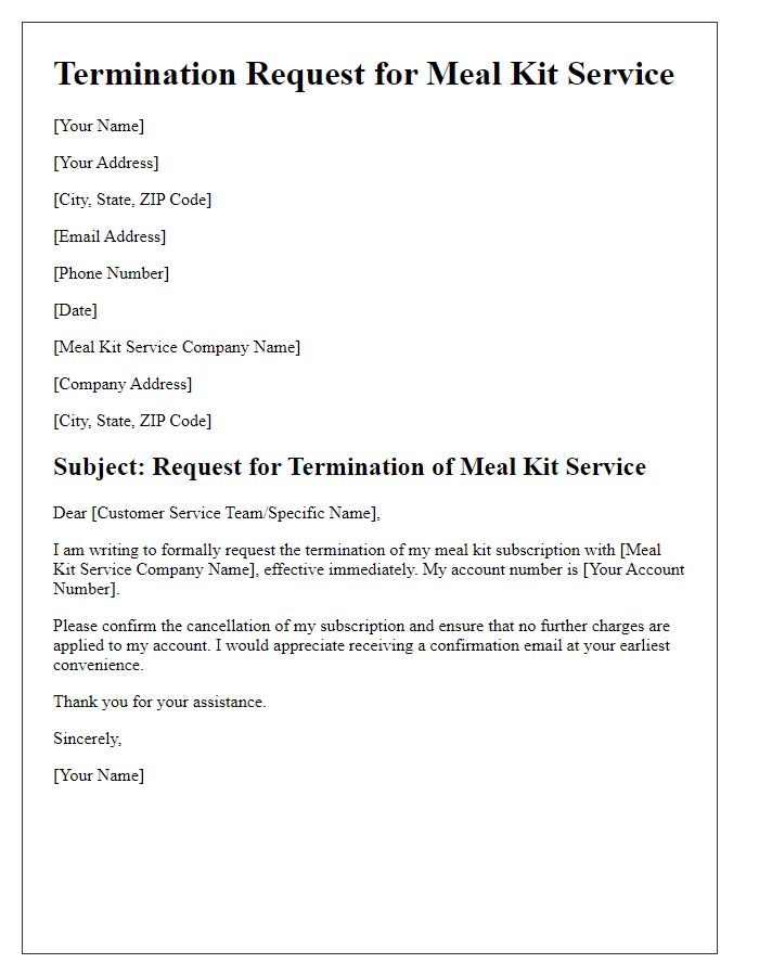 Letter template of meal kit service termination request.