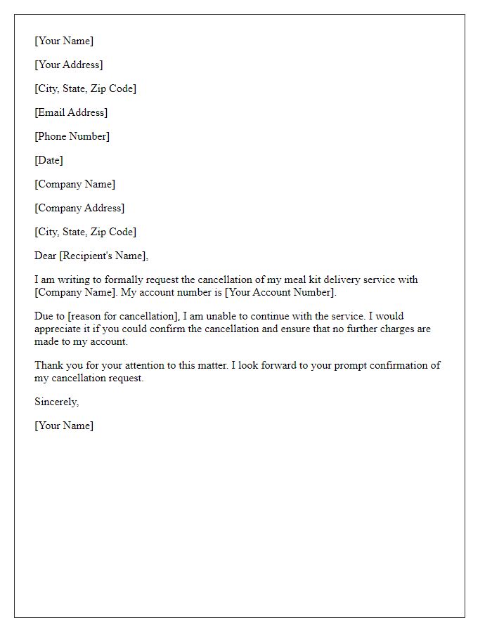 Letter template of request to cancel meal kit delivery.