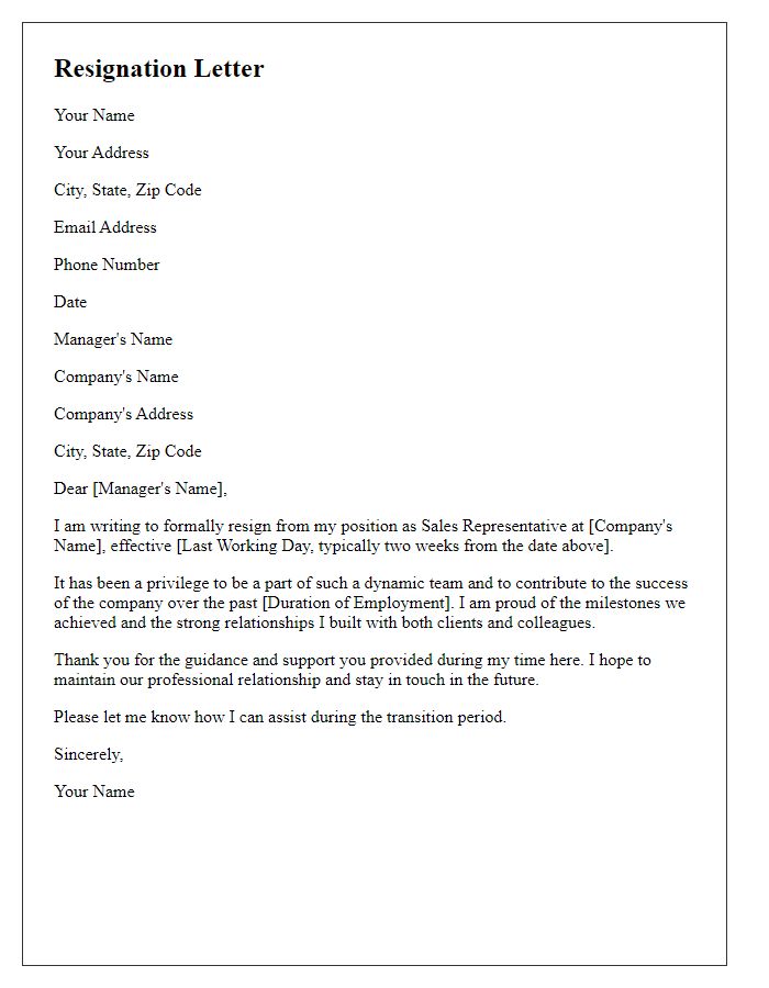 Letter template of resignation from a sales position after a successful tenure