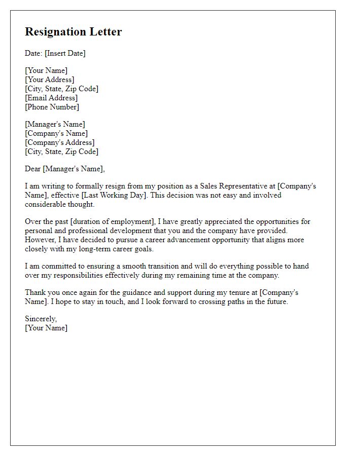 Letter template of resignation from a sales position for career advancement