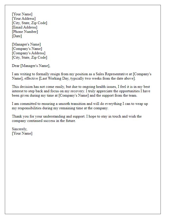 Letter template of resignation from a sales position citing health issues