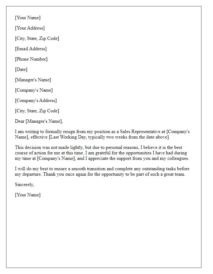 Letter template of resignation from a sales position due to personal reasons