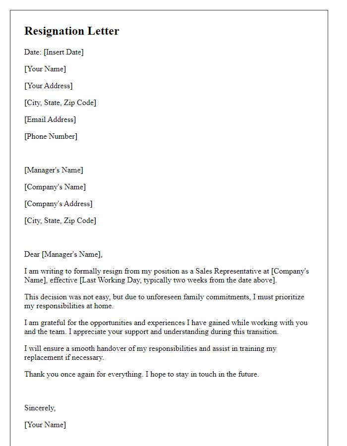 Letter template of resignation from a sales position for family commitments