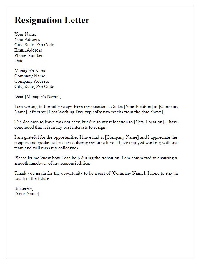 Letter template of resignation from a sales position for relocation