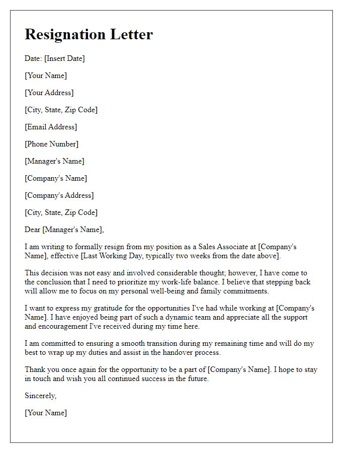 Letter template of resignation from a sales position for work-life balance