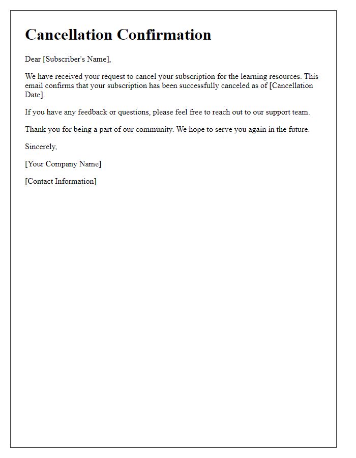 Letter template of cancellation confirmation for learning resource subscription