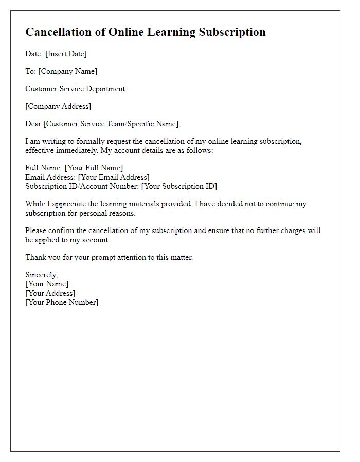 Letter template of cancellation for online learning subscription