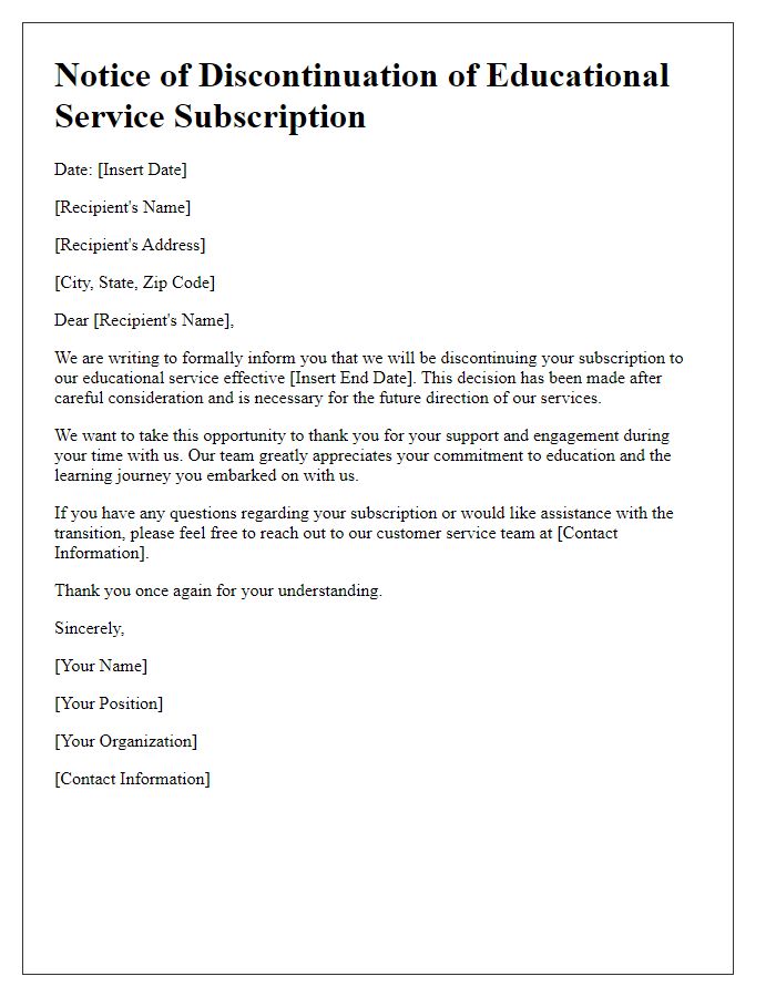 Letter template of discontinuation of educational service subscription