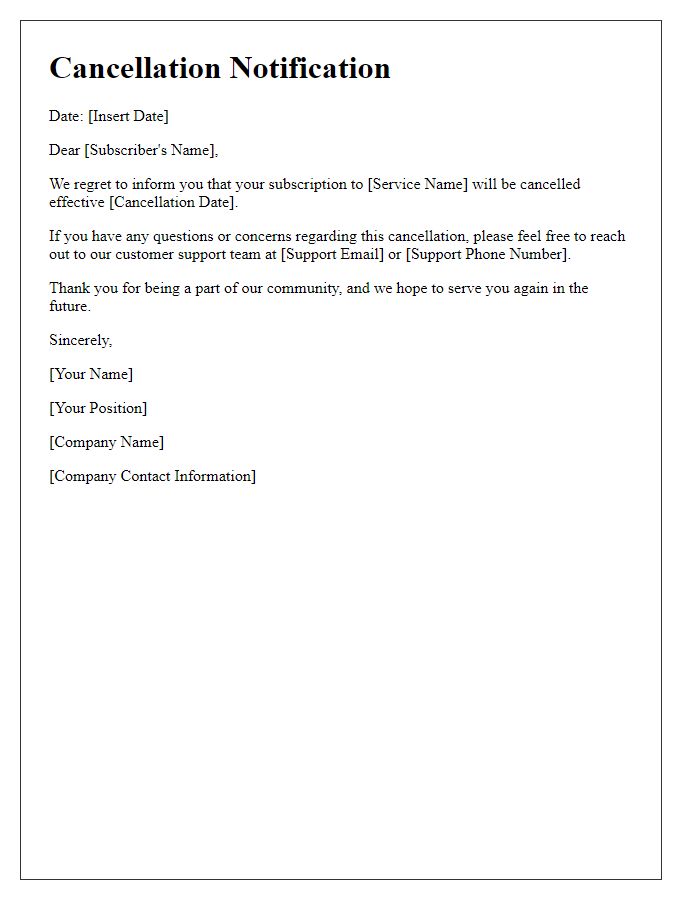 Letter template of educational subscription service cancellation notification