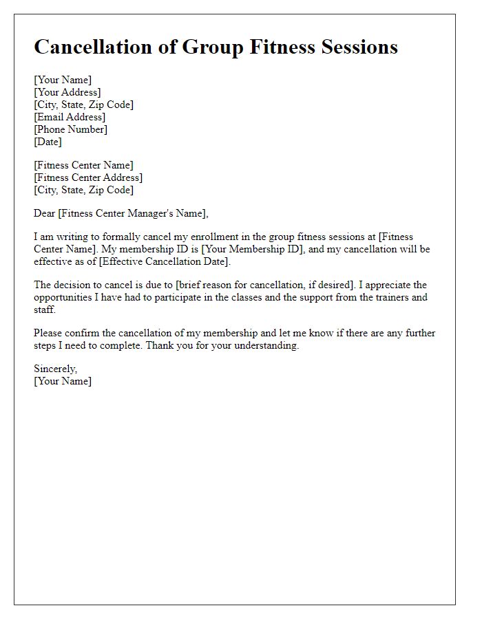 Letter template of cancellation for group fitness sessions