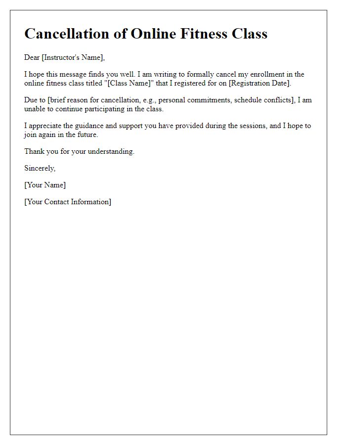 Letter template of cancellation for online fitness class