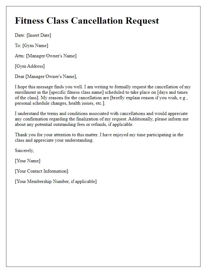 Letter template of fitness class cancellation request