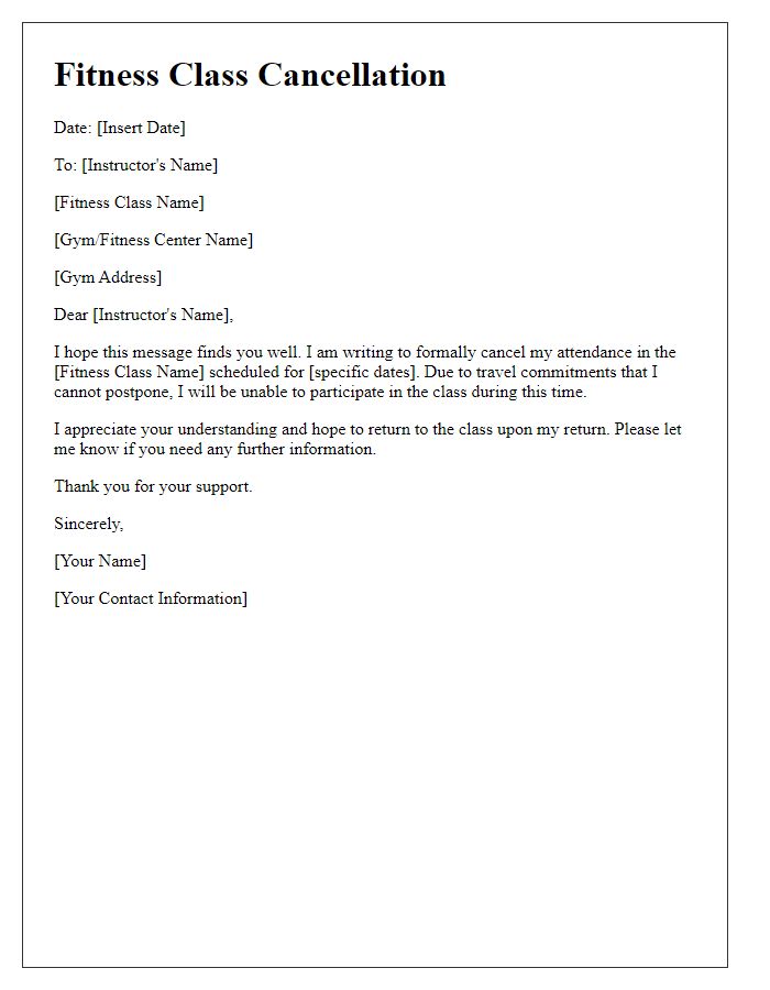 Letter template of fitness class cancellation for travel purposes