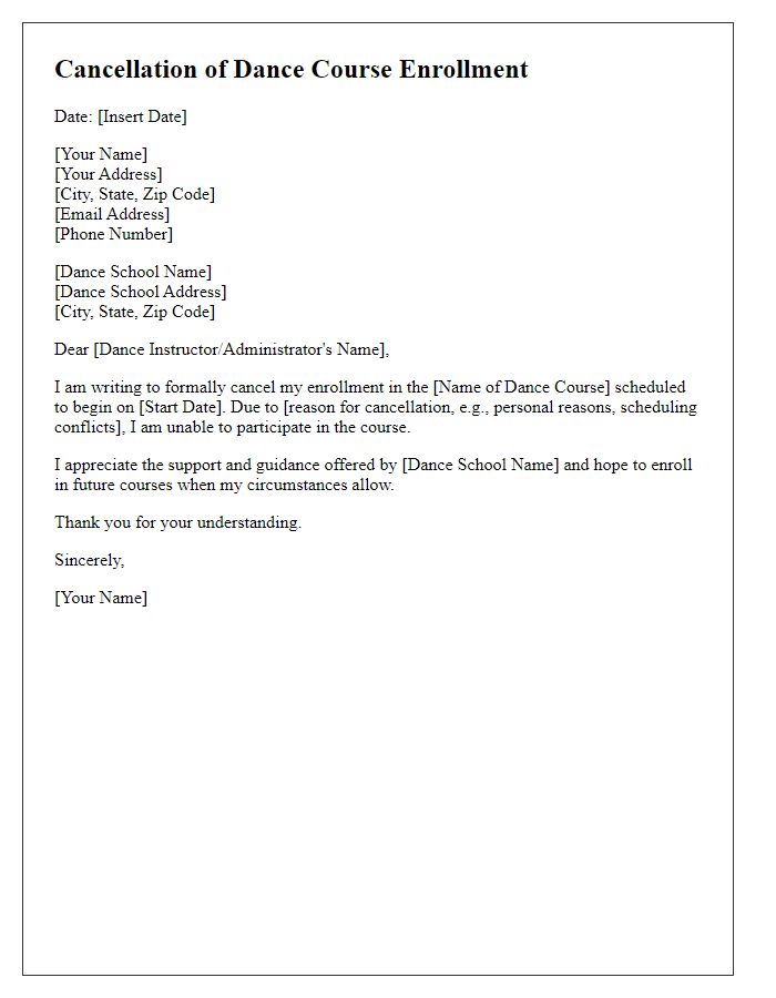 Letter template of cancellation of dance course enrollment