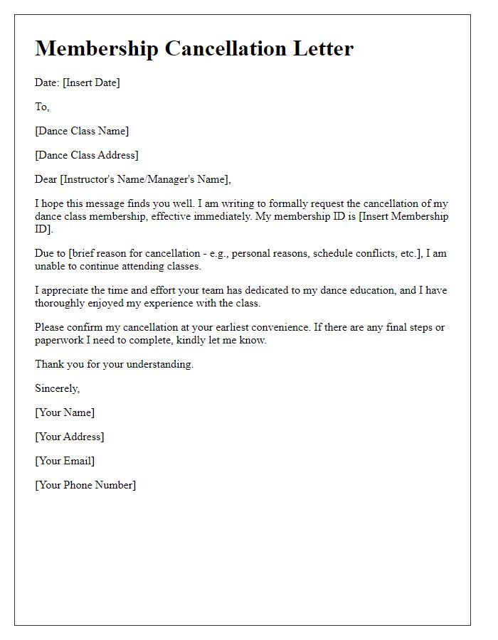 Letter template of dance class membership cancellation