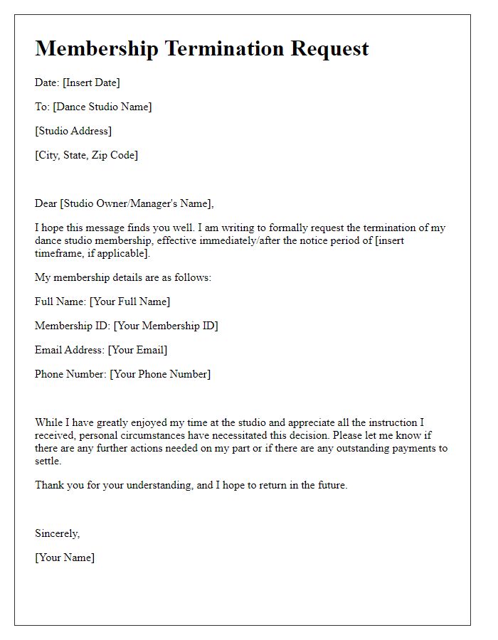 Letter template of dance studio membership termination request